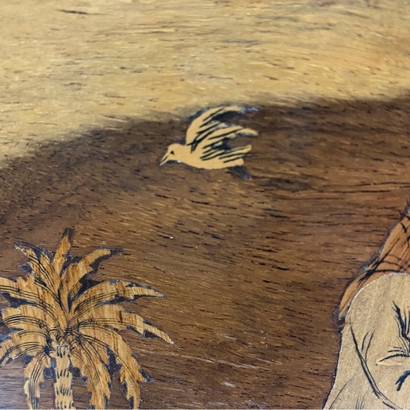 Vintage Wood Plaque Marquetry Inlay Middle East Campsite Tent Camel Palm Trees - Picture 10 of 10